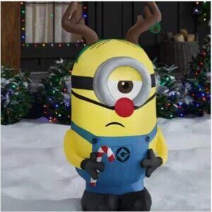 NEW 3.5' Airblown Minion Stuart With Antlers And Red Nose Christmas Inflatable